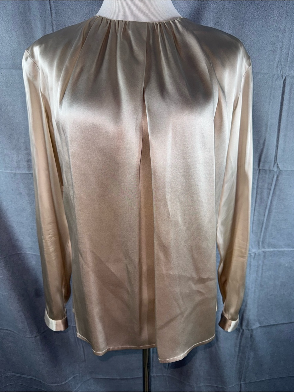 2450-Vintage Dior Champagne Silk Gathered-Neck Blouse with Vertical Button Back